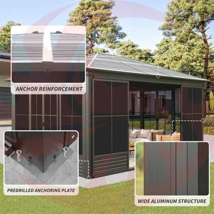 [12X14FT] Alora Premium All-Weather Outdoor Aluminum Sunroom With Galvanized Steel Hardtop Sloping Roof, Lockable Doors, And Moveable PC Screens (SAK76831) SAKSBY WHOLESALE