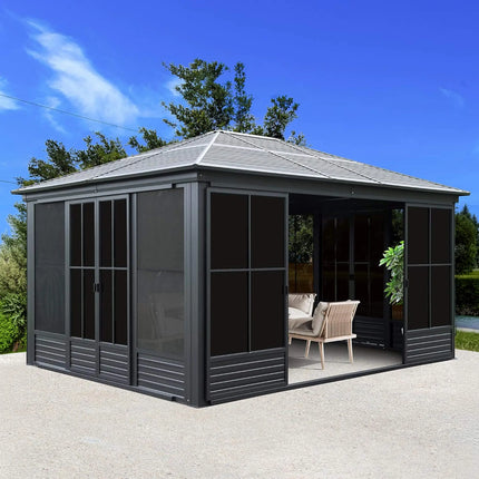 [12X14FT] Alora Premium All-Weather Outdoor Aluminum Sunroom With Galvanized Steel Hardtop Sloping Roof, Lockable Doors, And Moveable PC Screens (SAK76831) SAKSBY WHOLESALE