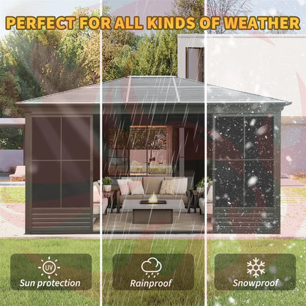 [12X14FT] Alora Premium All-Weather Outdoor Aluminum Sunroom With Galvanized Steel Hardtop Sloping Roof, Lockable Doors, And Moveable PC Screens (SAK76831) SAKSBY WHOLESALE