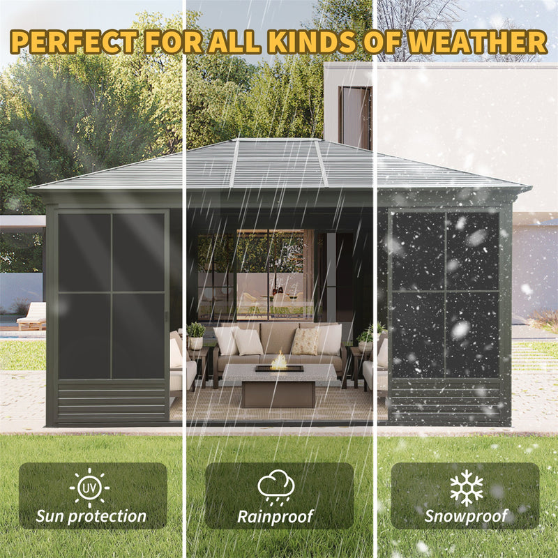 [12X14FT] Alora Premium All-Weather Outdoor Aluminum Sunroom With Galvanized Steel Hardtop Sloping Roof, Lockable Doors, And Moveable PC Screens (SAK76831)
