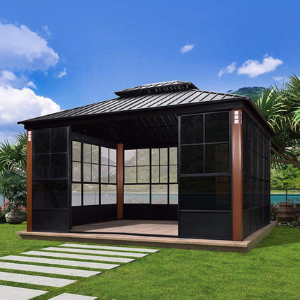 [12X14FT] Large Heavy-Duty Outdoor Aluminum Patio Hard Double Steel Top Backyard Sun Room Gazebo (94625371) SAKSBY WHOLESALE