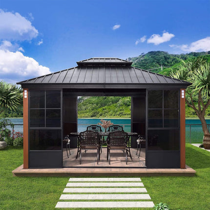 [12X14FT] Large Heavy-Duty Outdoor Aluminum Patio Hard Double Steel Top Backyard Sun Room Gazebo (94625371) SAKSBY WHOLESALE