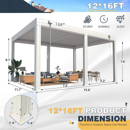 Alora White Louvered Aluminum Pergola With Adjustable Roof And Pull-Down Screens (SAK46817) SAKSBY WHOLESALE