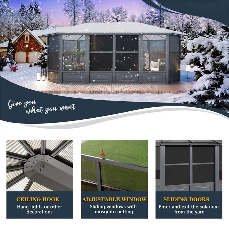 [12x18FT] Alora Large Luxury Outdoor All-Season Aluminum Solarium Sunroom With Polycarbonate Hardtop And Sliding Doors (SAK35948)