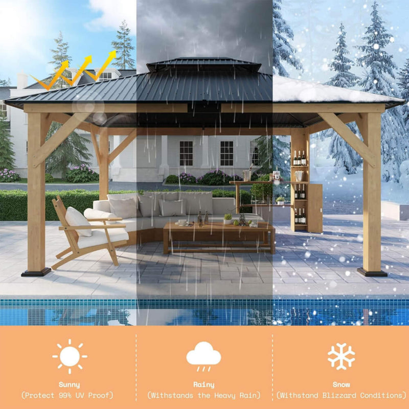 [13X15FT] Alora Premium Outdoor All-Season Wooden Cedar Hardtop Gazebo Carport With Double Iron Roof (SAK35187)