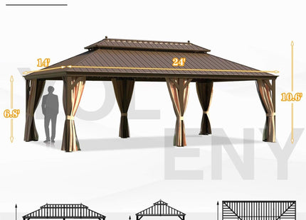 [14X24FT] Alora Heavy-Duty Aluminum Galvanized Steel Double Roof Hardtop Gazebo With Netting And Curtains (SAK41853) SAKSBY WHOLESALE
