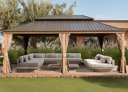 [14X24FT] Alora Heavy-Duty Aluminum Galvanized Steel Double Roof Hardtop Gazebo With Netting And Curtains (SAK41853) SAKSBY WHOLESALE