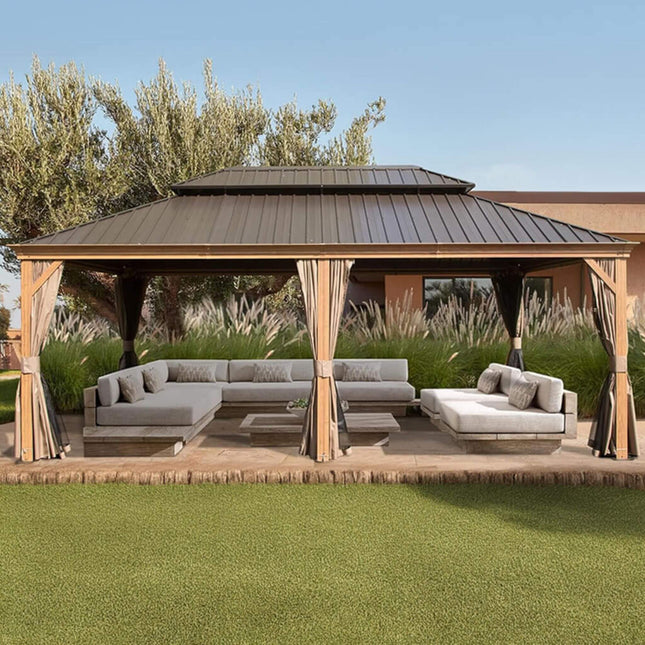 [14X24FT] Alora Heavy-Duty Aluminum Galvanized Steel Double Roof Hardtop Gazebo With Netting And Curtains (SAK41853) SAKSBY WHOLESALE