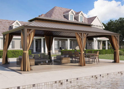 [14X24FT] Alora Heavy-Duty Aluminum Galvanized Steel Double Roof Hardtop Gazebo With Netting And Curtains (SAK41853) SAKSBY WHOLESALE