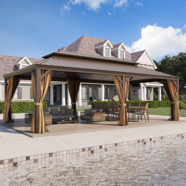 [14X24FT] Alora Heavy-Duty Aluminum Galvanized Steel Double Roof Hardtop Gazebo With Netting And Curtains (SAK41853) SAKSBY WHOLESALE