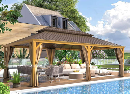 [14X24FT] Alora Heavy-Duty Aluminum Galvanized Steel Double Roof Hardtop Gazebo With Netting And Curtains (SAK41853) SAKSBY WHOLESALE