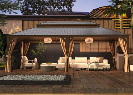 [14X24FT] Alora Heavy-Duty Aluminum Galvanized Steel Double Roof Hardtop Gazebo With Netting And Curtains (SAK41853) SAKSBY WHOLESALE