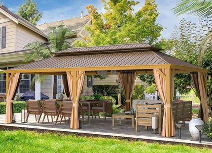 [14X24FT] Alora Heavy-Duty Aluminum Galvanized Steel Double Roof Hardtop Gazebo With Netting And Curtains (SAK41853) SAKSBY WHOLESALE