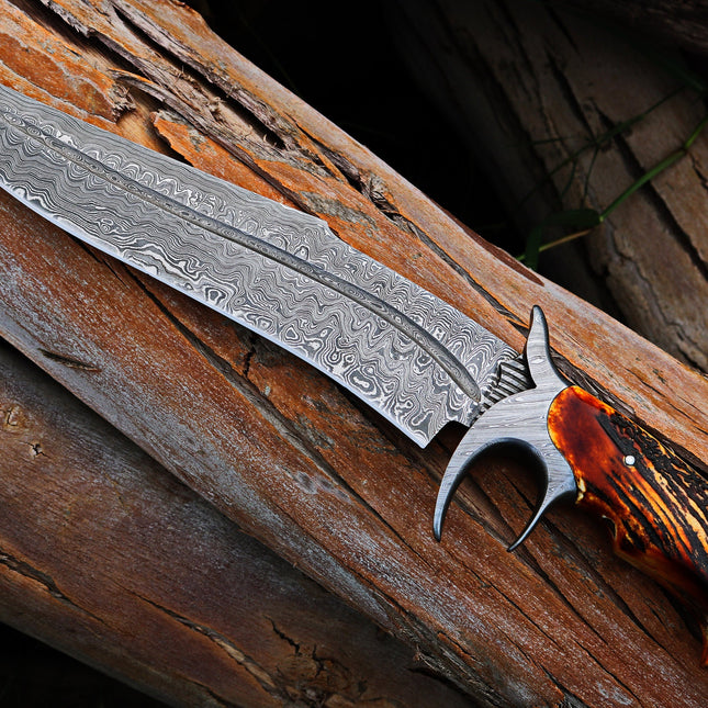 RED DRAGON SLAYER Bowie Knife with Leather Sheath for Sale – Custom Handmade Full Tang Damascus Steel Blade, Antler Horn Handle & Damascus Finger Guard | 16-Inch Hunting Knife – KBS Knives