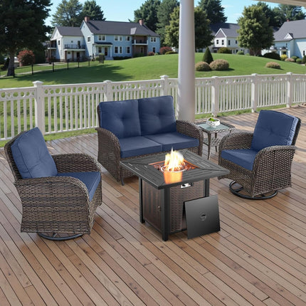 5-Piece Outdoor Patio Furniture Set with 50000 BTU Propane Fire Pit Table, Deep Seating Wicker Swivel Rocker Chairs and Loveseat Glider Patio Conversation Set for Deck Poolside Backyard Blue-0