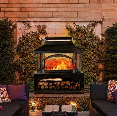 37 Inch Rectangular Metal Outdoor Wood Burning Fireplace - Outdoor Fireplace With Built-in Log Storage & Brush Stick For Log Burner Fire Pit In Patio Garden & Backyard