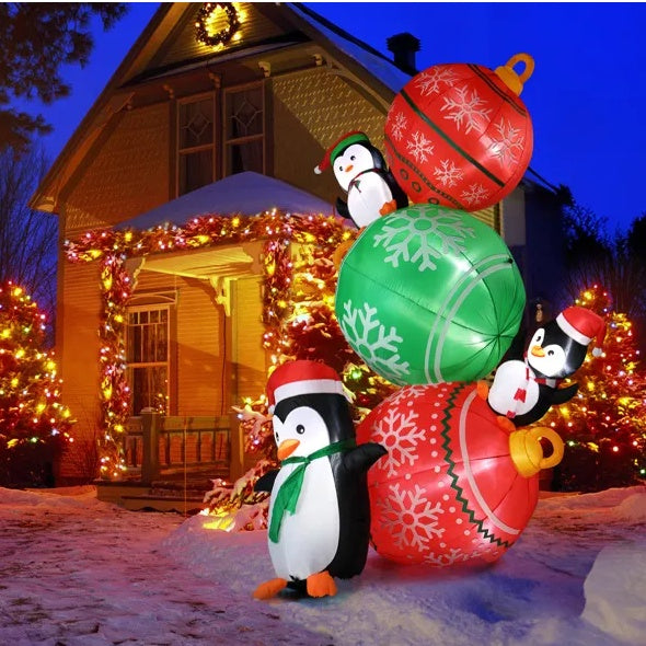 8.9 FT Lighted Christmas Inflatable Decoration, Inflatable Christmas Balls And Penguins, Funny Blow Up Yard Decorations With Built-in LED Lights For Holiday Party Front Yard Lawn Garden Decor
