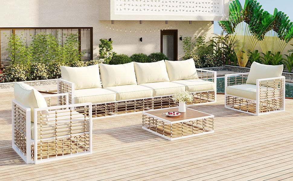 Modern Minimalist 7-Piece Metal Patio All-Weather Sectional Sofa Set - Phoenix Fire Art Store