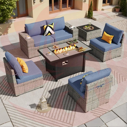 Modular Outdoor Wicker Sofa Set with Fire Pit Table-0