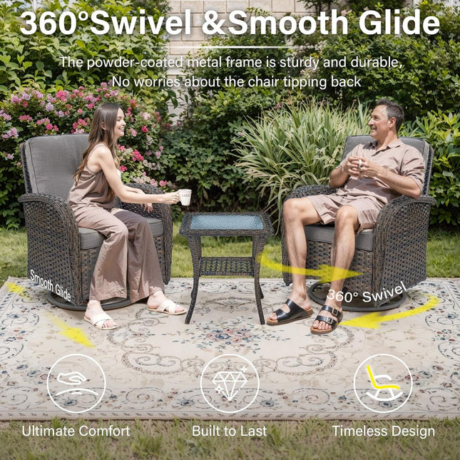 5-Piece Outdoor Patio Furniture Set with 50000 BTU Propane Fire Pit Table, Deep Seating Wicker Swivel Rocker Chairs and Loveseat Glider Patio Conversation Set for Poolside Deck Backyard Grey-1