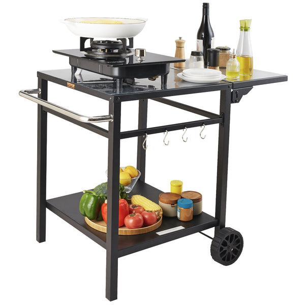 Outdoor Multifunctional Foldable, Portable, Modular Iron Table Top BBQ Grill Dining Cart With Double-Shelf