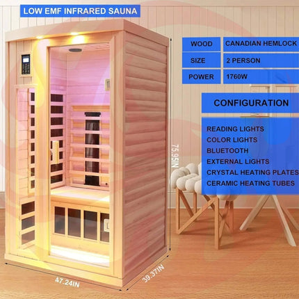 Thermora Premium 2-Person Low EMF FAR-Infrared Heat Wood Home Personal Spa Sauna With Ceramic Heaters, 1760W (SAK25714) - Phoenix Fire Art Store