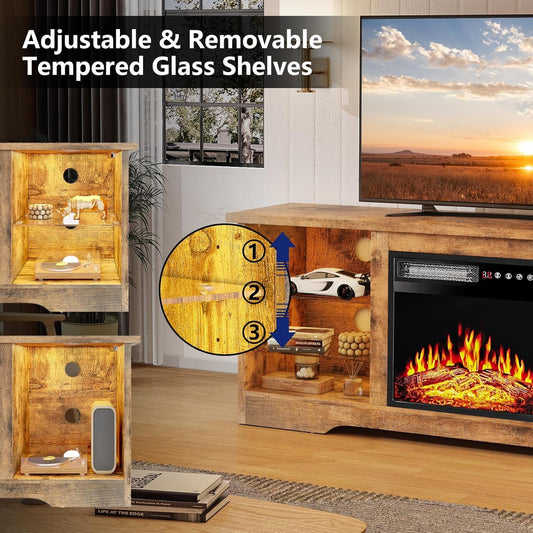 Modern Entertainment Center with 18'' Fireplace for TV's up to 65 Inch, with Adjustable Glass Shelves and Storage Cabinets (Brown)