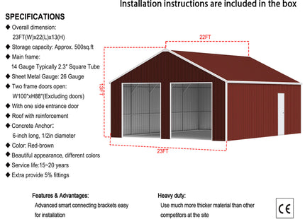 [22X23FT] Alora Heavy-Duty Red-Brown Double Garage Steel Barn Storage Shed (SAK83456) SAKSBY WHOLESALE