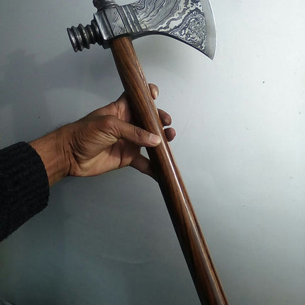Damascus Steel Handmade Custom Viking Smoke Pine Tomahawk Axe with Rosewood Handle and Leather Sheath - By KBS Knives Store