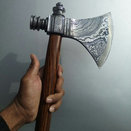 Damascus Steel Handmade Custom Viking Smoke Pine Tomahawk Axe with Rosewood Handle and Leather Sheath - By KBS Knives Store