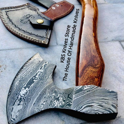 Handmade Custom Viking Axe with Damascus Steel Blade and Rosewood Handle, Leather Sheath Included - By KBS Knives Store