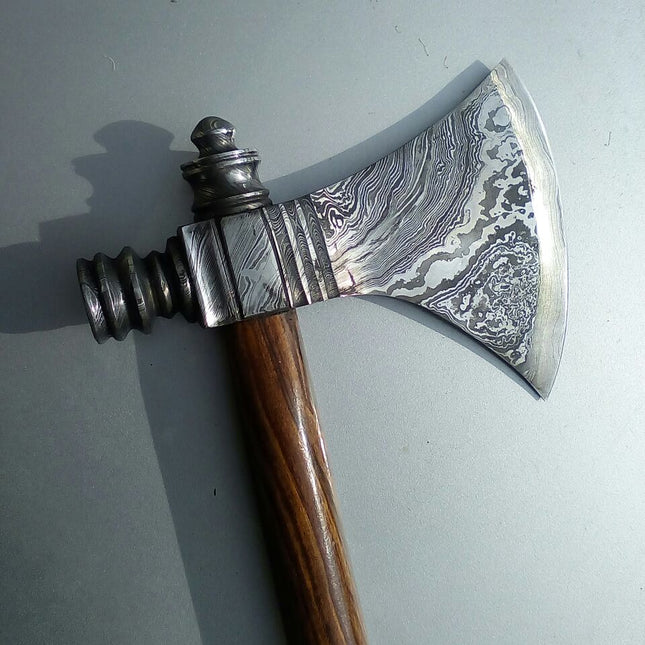 Damascus Steel Handmade Custom Viking Smoke Pine Tomahawk Axe with Rosewood Handle and Leather Sheath - By KBS Knives Store