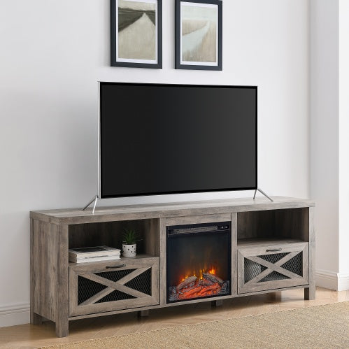 Industrial Farmhouse Metal Mesh Drop-Down X-Door Fireplace TV Stand For TVs - Grey Wash - Phoenix Fire Art Store