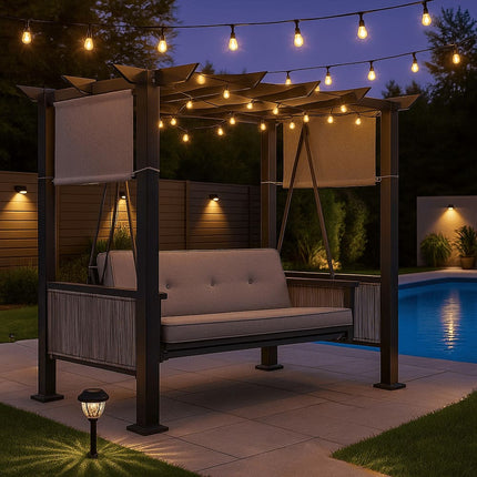 Pamapic 3-Seat Outdoor Metal Pergola Porch Swing Bed with Stand & Cushion, Gray Pamapic