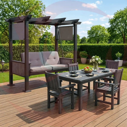 Pamapic 2 in 1 Patio Swing with 7 Pieces HDPE Dining Sets - Phoenix Fire Art Store
