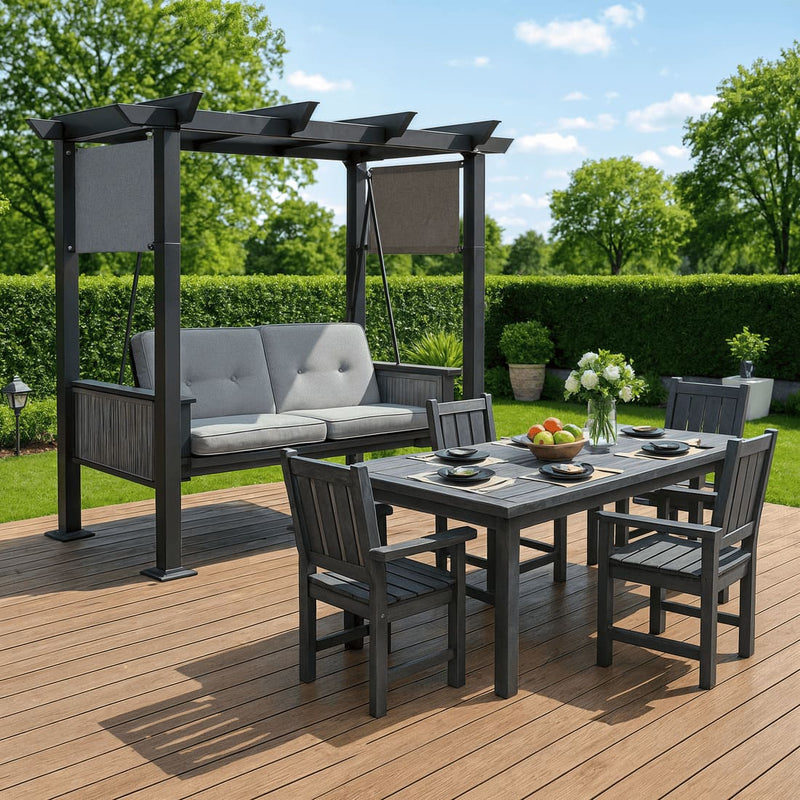 Pamapic 2 in 1 Patio Swing with 7 Pieces HDPE Dining Sets