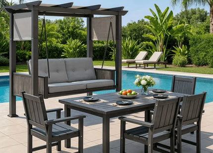 Pamapic 2 in 1 Patio Swing with 7 Pieces HDPE Dining Sets Pamapic