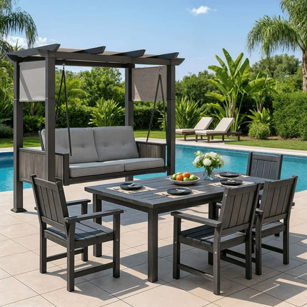 Pamapic 2 in 1 Patio Swing with 7 Pieces HDPE Dining Sets Pamapic