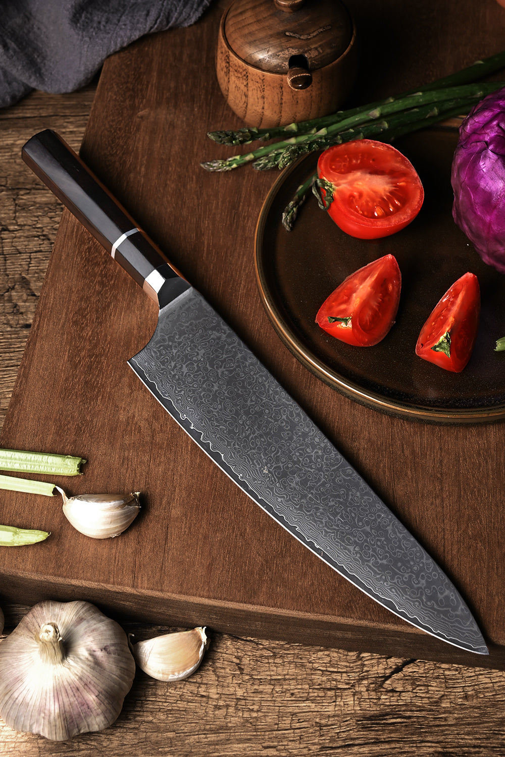 Kegani 8 Inch Japanese 72 Layer VG-10 Damascus Kiritsuke Chef Knife, Ebony Full Tang Handle - Phoenix Fire Art Store