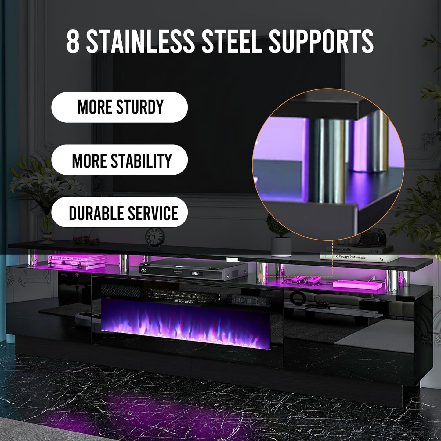 80" Modern Electric Fireplace TV Stand for TV's up to 90 Inch, with LED Lights & Cabinet, Luxury High Gloss Finish, Black