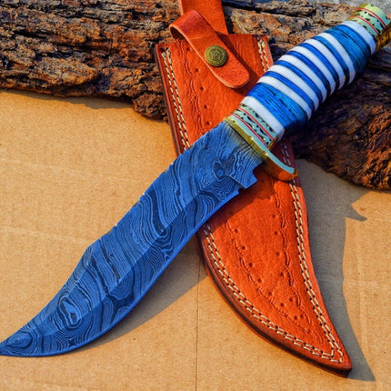 The Masterpiece Bowie: 14-Inch Damascus Steel Bowie Knife with Exotic Pakka Wood, Bone, Brass Guard, and Spacers