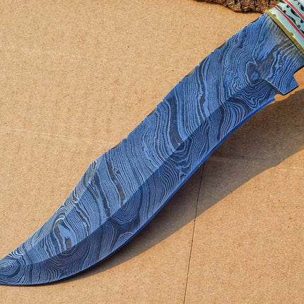 The Masterpiece Bowie: 14-Inch Damascus Steel Bowie Knife with Exotic Pakka Wood, Bone, Brass Guard, and Spacers