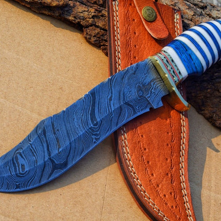 The Masterpiece Bowie: 14-Inch Damascus Steel Bowie Knife with Exotic Pakka Wood, Bone, Brass Guard, and Spacers