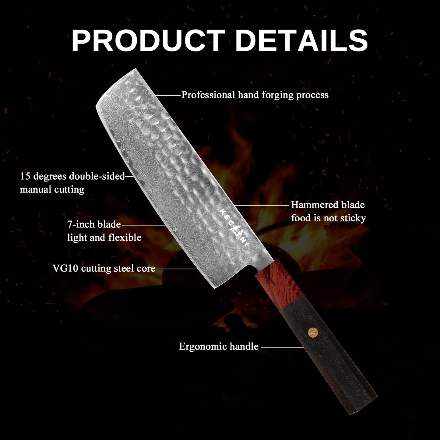 Kegani Damascus Japanese Chef Knife, 67 Layer VG-10 Natural Hammered with Rosewood Handle - Phoenix Fire Art Store