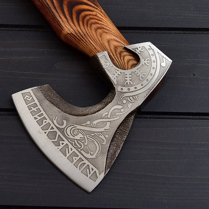 Viking Tomahawk for Sale - Engraved 1095 Forged Steel Blade, Ash Wood Handle with Leather Wrap, Leather Sheath - KBS Knives Store