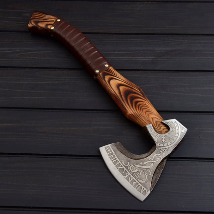 Viking Tomahawk for Sale - Engraved 1095 Forged Steel Blade, Ash Wood Handle with Leather Wrap, Leather Sheath - KBS Knives Store