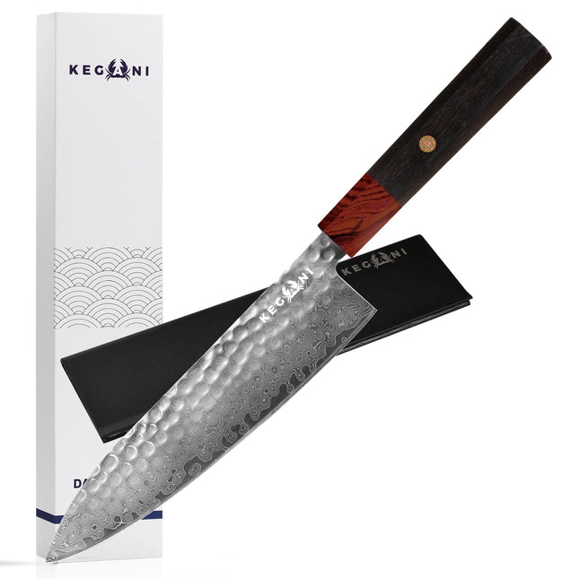 Kegani Damascus Japanese Chef Knife, 67 Layer VG-10 Natural Hammered with Rosewood Handle - Phoenix Fire Art Store