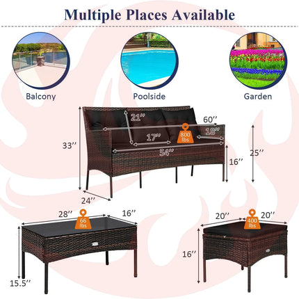 3 Pieces Patio Furniture Sectional Set with 5 Cozy Cushions-Black DirectDeals