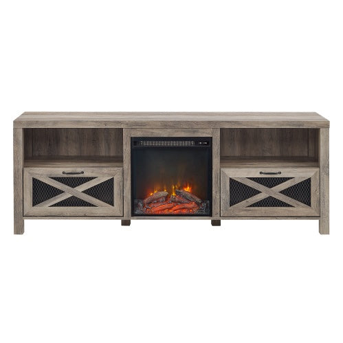 Industrial Farmhouse Metal Mesh Drop-Down X-Door Fireplace TV Stand For TVs - Grey Wash - Phoenix Fire Art Store