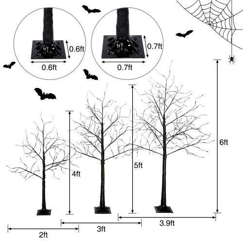 3 Pack Halloween Spooky Tree with Purple Lights, 4FT 5FT And 6FT, Lighted Black Tree for Halloween Decoration